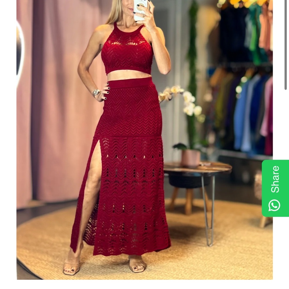Crochet Maxi Skirt set in Deep Red